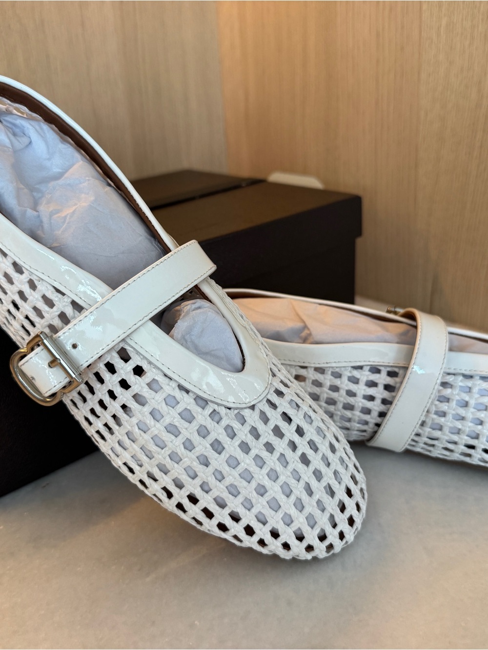 Alaia White Woven Patent Mary Jane Flats